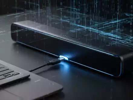 A sleek, modern desktop soundbar speaker with a blue glow connected to a laptop, with abstract digital lines in the background. - Foto: über boerse-global.de
