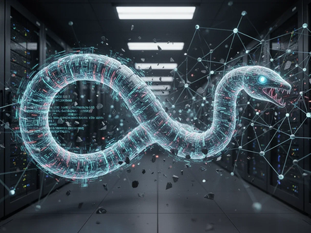 Ein leuchtender KI-Wurm aus Datenströmen greift ein digitales Netzwerk an, im Hintergrund ein Serverraum. - Foto: über boerse-global.de