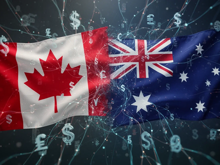 Digital art showing Canadian and Australian flags interwoven with network lines and currency symbols, symbolizing tech negotiations. - Foto: über boerse-global.de