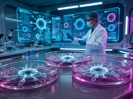 Ein Wissenschaftler blickt auf einen holografischen Bildschirm in einem futuristischen Labor mit leuchtenden Petrischalen. - Foto: über boerse-global.de
