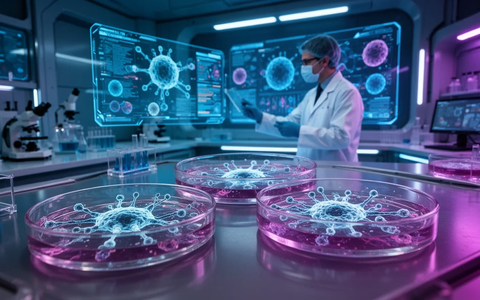 Ein Wissenschaftler blickt auf einen holografischen Bildschirm in einem futuristischen Labor mit leuchtenden Petrischalen. - Foto: über boerse-global.de