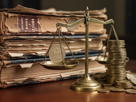 Ein kleiner Stapel alter Rechtsdokumente und eine Präzisionswaage, die eine einzelne Münze gegen überquellende Münzen abwägt. - Foto: über boerse-global.de