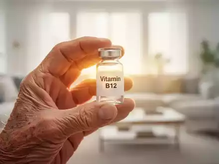 Eine Ă€ltere Hand hĂ€lt ein Vitamin B12-FlĂ€schchen, mit einem warmen Licht im Hintergrund, das Gesundheit symbolisiert. - Foto: ĂŒber boerse-global.de