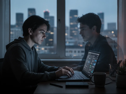 Eine einzelne Person arbeitet isoliert am Laptop in einem modernen Homeoffice, mit einer unscharfen Stadtansicht im Hintergrund. - Foto: über boerse-global.de
