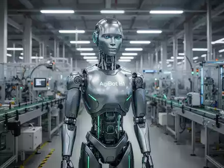 A sleek, advanced AgiBot H1 humanoid robot stands in a modern, high-tech factory with production lines in the background. - Foto: über boerse-global.de
