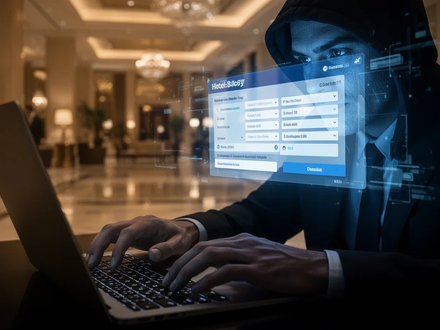 A person's hands typing on a laptop, with a distorted hotel booking screen reflected on their face, symbolizing online fraud. - Foto: über boerse-global.de