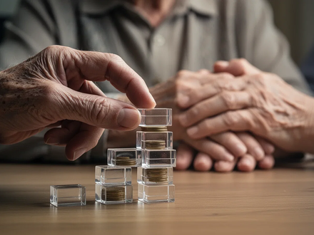 Eine Hand stapelt sorgfältig kleine finanzielle Bausteine, während im Hintergrund verschwommen eine ältere Hand auf einer jüngeren ruht. - Foto: über boerse-global.de