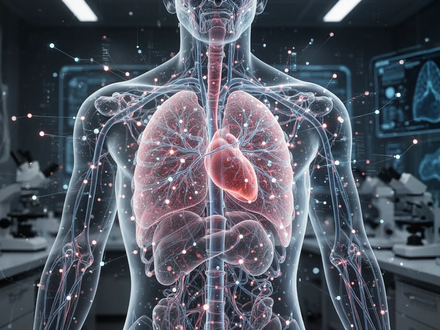 Abstrakte Darstellung eines digitalen Zwillings: leuchtende neuronale Pfade und Datenpunkte formen einen menschlichen Torso in einer Hightech-Laborumgebung. - Foto: über boerse-global.de