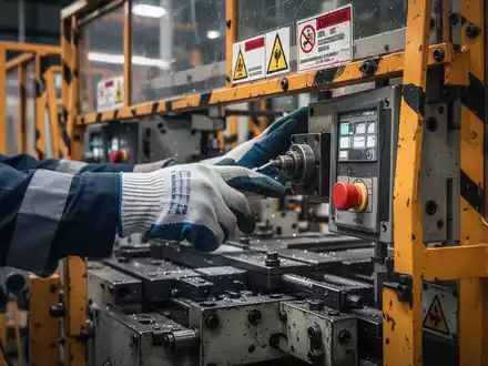 Eine Nahaufnahme der behandschuhten Hand eines Arbeiters, die mit einer komplexen Industriemaschine interagiert, mit sichtbaren Schutzvorrichtungen und Warnhinweisen. - Foto: über boerse-global.de