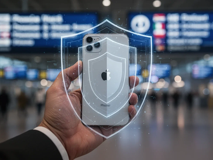 A hand holds an iPhone with a digital shield icon over it, symbolizing data protection for international travelers. - Foto: über boerse-global.de