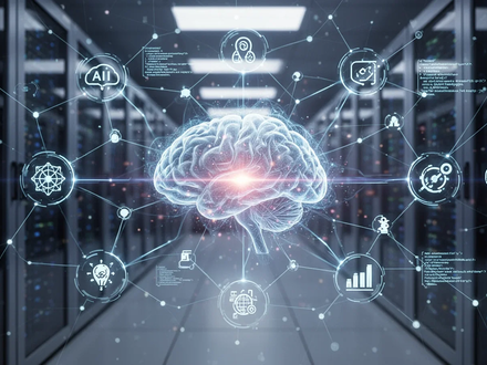 An abstract digital network with glowing lines connecting icons for AI, code, and automation, centered around a luminous AI core. - Foto: über boerse-global.de