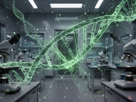 Holographic DNA strands intertwining with AI neural network patterns in a futuristic lab, symbolizing biosecurity concerns. - Foto: über boerse-global.de