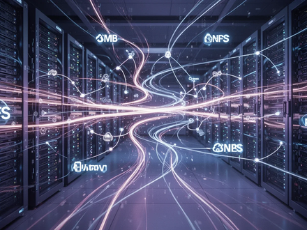 Abstract image showing glowing lines connecting stylized server racks, representing data flow and filesystem protocols like NFS and SMB in enterprise storage. - Foto: über boerse-global.de