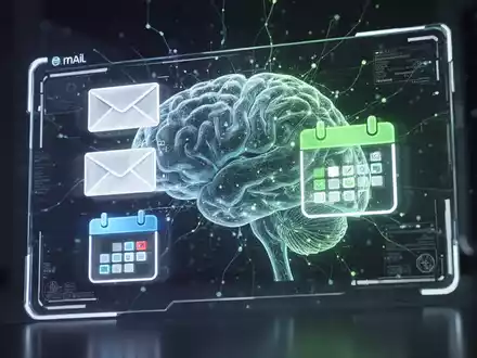 A futuristic digital interface showing email and calendar icons, with an abstract AI brain graphic, representing Microsoft Outlook's new AI features. - Foto: über boerse-global.de