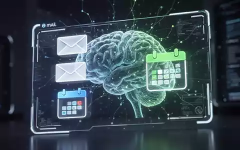 A futuristic digital interface showing email and calendar icons, with an abstract AI brain graphic, representing Microsoft Outlook's new AI features. - Foto: über boerse-global.de