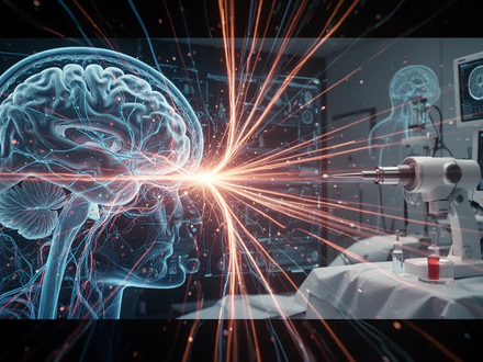 Nahaufnahme eines menschlichen Gehirns mit leuchtenden neuronalen Pfaden, überlagert von medizinischer Technologie und Lichtstrahlen. - Foto: über boerse-global.de