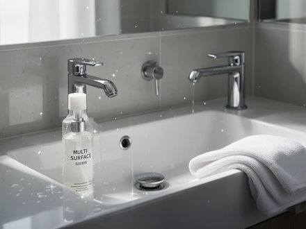 Ein minimalistisch eingerichtetes Badezimmer mit einem sauberen Waschbecken, einem einfachen Reiniger und einem weißen Tuch. - Foto: über boerse-global.de