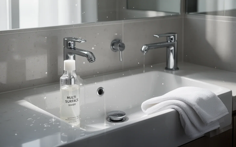 Ein minimalistisch eingerichtetes Badezimmer mit einem sauberen Waschbecken, einem einfachen Reiniger und einem weißen Tuch. - Foto: über boerse-global.de