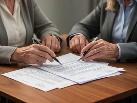 Ein Ehepaar sitzt an einem Tisch und prüft wichtige juristische Dokumente. Eine Hand hält einen Stift über einem Vertrag. - Foto: über boerse-global.de