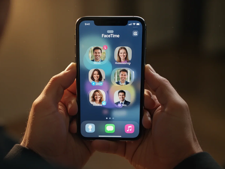 Hands holding an iPhone displaying the FaceTime interface with contact bubbles. - Foto: über boerse-global.de