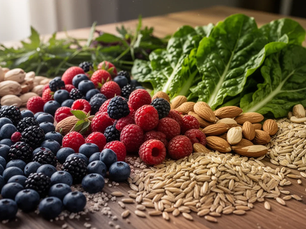 Nahaufnahme einer bunten Auswahl an ballaststoffreichen Lebensmitteln wie Beeren, Nüssen und grünem Blattgemüse auf einem Holztisch. - Foto: über boerse-global.de