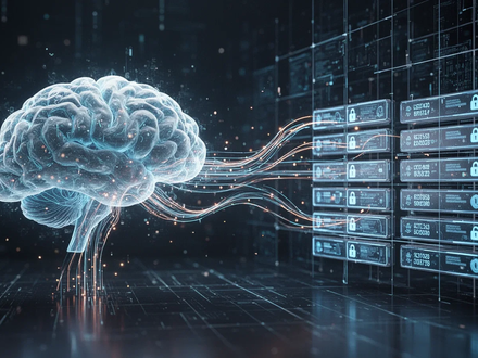 Abstract image showing a stylized AI brain connected by glowing lines to a structured data grid, symbolizing automation and data flow. - Foto: über boerse-global.de