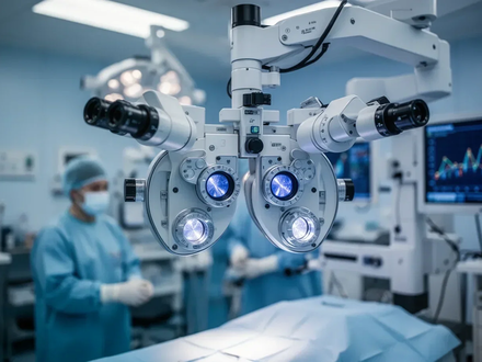 Nahaufnahme eines modernen Operationsmikroskops in einem Operationssaal, das Präzision und technologischen Fortschritt in der Augenheilkunde darstellt. - Foto: über boerse-global.de