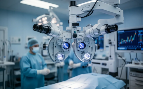 Nahaufnahme eines modernen Operationsmikroskops in einem Operationssaal, das Präzision und technologischen Fortschritt in der Augenheilkunde darstellt. - Foto: über boerse-global.de