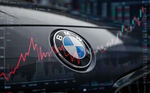 Nahaufnahme eines BMW-Logos auf einem dunklen Auto, das eine rote, fallende Linie widerspiegelt, im Hintergrund unscharfe Finanzdaten. - Foto: über boerse-global.de