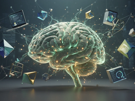 Abstrakte Darstellung eines Gehirns mit leuchtenden neuronalen Pfaden, umgeben von schwebenden geometrischen Formen, die Produktivität symbolisieren. - Foto: über boerse-global.de