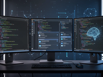 A multi-monitor setup displaying a sophisticated integrated development environment across macOS, Windows, and Linux interfaces, highlighting AI agent management. - Foto: über boerse-global.de