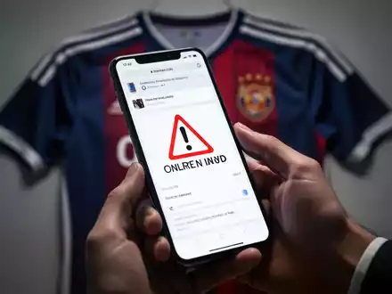 Eine Hand hält ein Smartphone, das einen verdächtigen Online-Shop mit einem unscharfen Fußballtrikot im Hintergrund anzeigt. - Foto: über boerse-global.de
