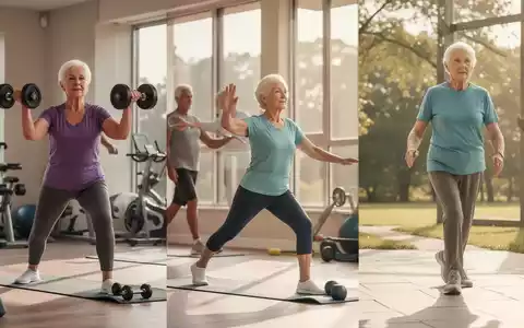 Ältere Menschen trainieren: Eine Frau hebt Gewichte, eine andere macht Yoga, ein Mann geht zügig. Fokus auf Gesundheit und Vitalität. - Foto: über boerse-global.de