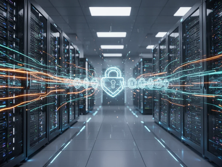 Digital data streams rapidly between glowing server racks, symbolizing fast, secure cloud storage and encryption. - Foto: über boerse-global.de