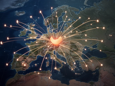 Eine stilisierte Europakarte mit leuchtenden Linien, die sich zu verschiedenen kleineren Punkten ausbreiten und einen großen Punkt umgehen. - Foto: über boerse-global.de