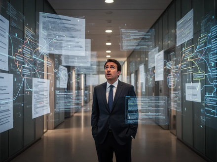 Ein verwirrter Geschäftsmann in einem Anzug steht in einem langen, schwach beleuchteten Korridor eines modernen Regierungsgebäudes. - Foto: über boerse-global.de