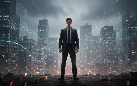 Eine Person steht widerstandsfähig vor einer turbulenten, digitalen Stadtlandschaft, die technologischen Wandel und geopolitische Spannungen symbolisiert. - Foto: über boerse-global.de