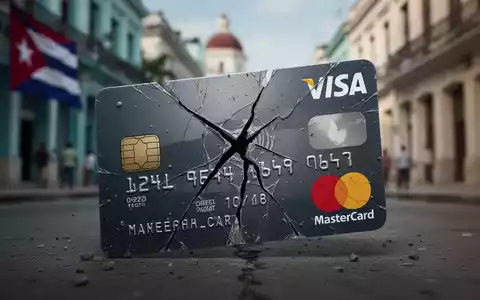 A cracked Visa or Mastercard credit card, symbolizing financial disruption, set against a blurred background of a Cuban street. - Foto: über boerse-global.de
