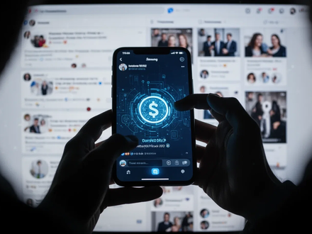 A shadowy figure's hands discreetly transferring digital currency on a smartphone, with a blurred social media feed in the background. - Foto: über boerse-global.de