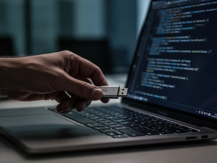 A close-up of a hand inserting a USB drive into a laptop in a dimly lit office, symbolizing data theft and cybercrime. - Foto: über boerse-global.de