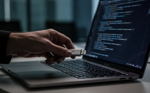 A close-up of a hand inserting a USB drive into a laptop in a dimly lit office, symbolizing data theft and cybercrime. - Foto: über boerse-global.de