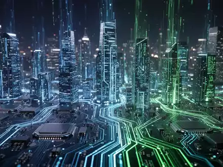 A close-up, illuminated circuit board with glowing blue and green lines, resembling a futuristic city at night. - Foto: über boerse-global.de