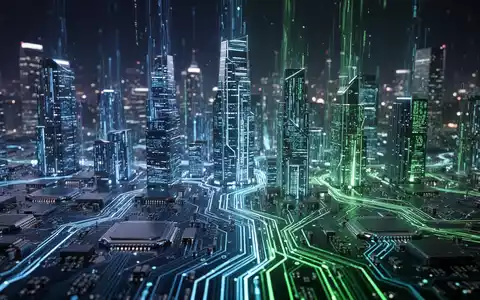 A close-up, illuminated circuit board with glowing blue and green lines, resembling a futuristic city at night. - Foto: über boerse-global.de