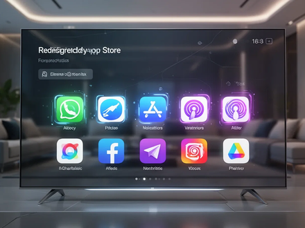 A close-up of a modern smart TV screen showing a redesigned app store interface with glowing app icons and clean typography. - Foto: über boerse-global.de