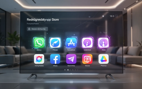 A close-up of a modern smart TV screen showing a redesigned app store interface with glowing app icons and clean typography. - Foto: über boerse-global.de