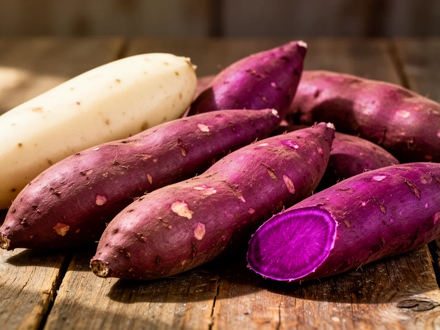 Ein Stillleben mit verschiedenen Süßkartoffelsorten: weiße, violette und lila Ube-Yamswurzeln, auf einer Holzoberfläche. - Foto: über boerse-global.de
