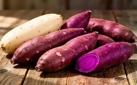 Ein Stillleben mit verschiedenen Süßkartoffelsorten: weiße, violette und lila Ube-Yamswurzeln, auf einer Holzoberfläche. - Foto: über boerse-global.de