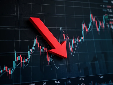 Ein roter Pfeil zeigt auf einer dunklen Börsenchart nach unten und symbolisiert einen starken Rückgang. - Foto: über boerse-global.de