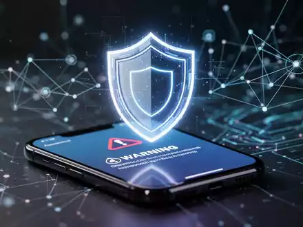 Ein stilisiertes, leuchtendes Schildsymbol auf einem Smartphone-Bildschirm mit einer Warnmeldung gegen Betrug. Im Hintergrund digitale Linien. - Foto: über boerse-global.de