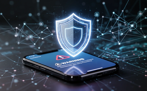 Ein stilisiertes, leuchtendes Schildsymbol auf einem Smartphone-Bildschirm mit einer Warnmeldung gegen Betrug. Im Hintergrund digitale Linien. - Foto: über boerse-global.de